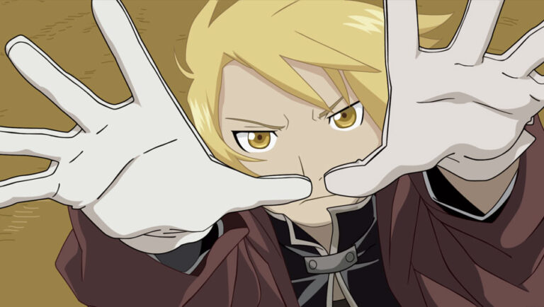 Band 1. Edaward aus Fullmetal Alchemist streckt seine Handflächen in die Luft.
